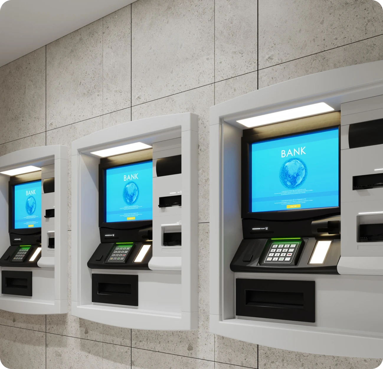 Three wall-mounted ATMs in a bank.
