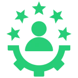 Green person icon with stars and gear.