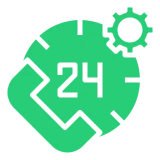 Green 24-hour clock icon with gear.