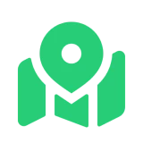 Green map icon on black background.