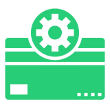 Green credit card with gear icon.