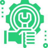 Green wrench and gear icon on black.